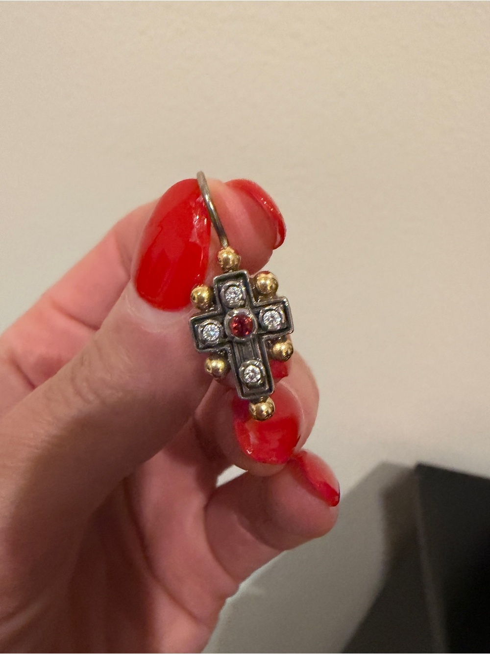 Konstantino Gold and Silver Cross Drop Earring with Red Stone